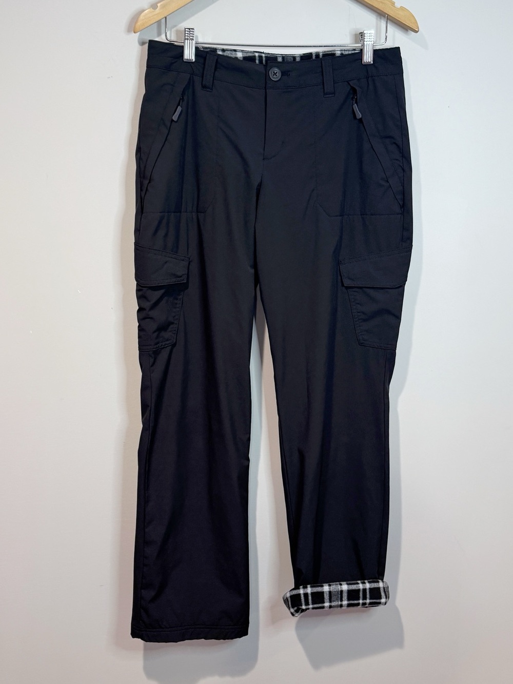 Eddie Bauer Women's Black Fleece Lined Cargo Pants Plaid Outdoor Hiking Size 8